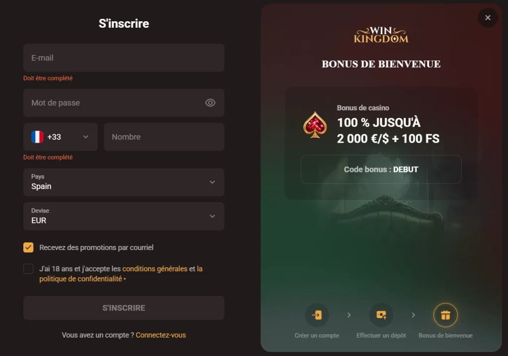 WinKingdom Casino formulaire d’inscription avec bonus de bienvenue