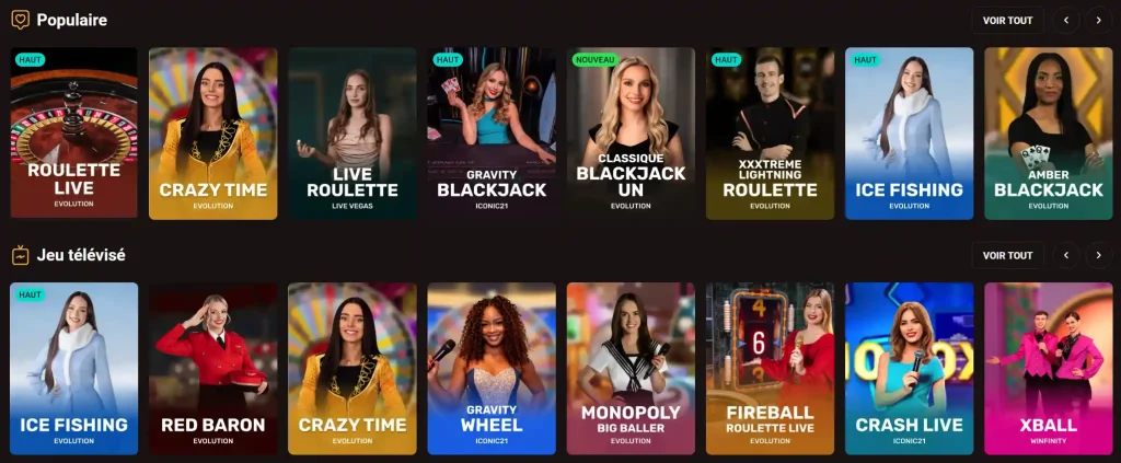 WinKingdom Casino sélection de jeux live populaires avec Roulette Live Crazy Time et Blackjack