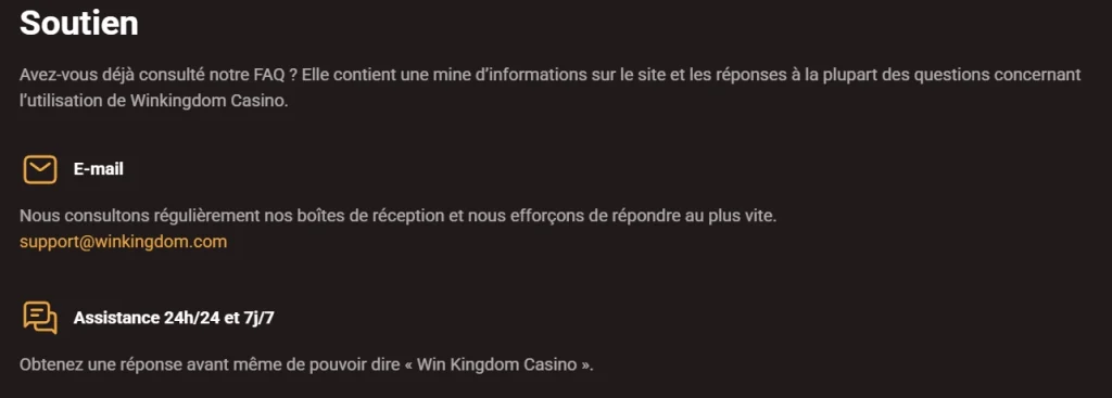 WinKingdom Casino page de support avec e-mail et assistance 24h/24 7j/7